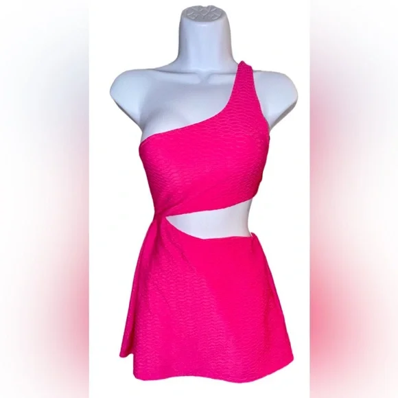 strapless open back dress Ellie Bodycon Mini Dress in Baby Pink , One Shoulder , High Neck